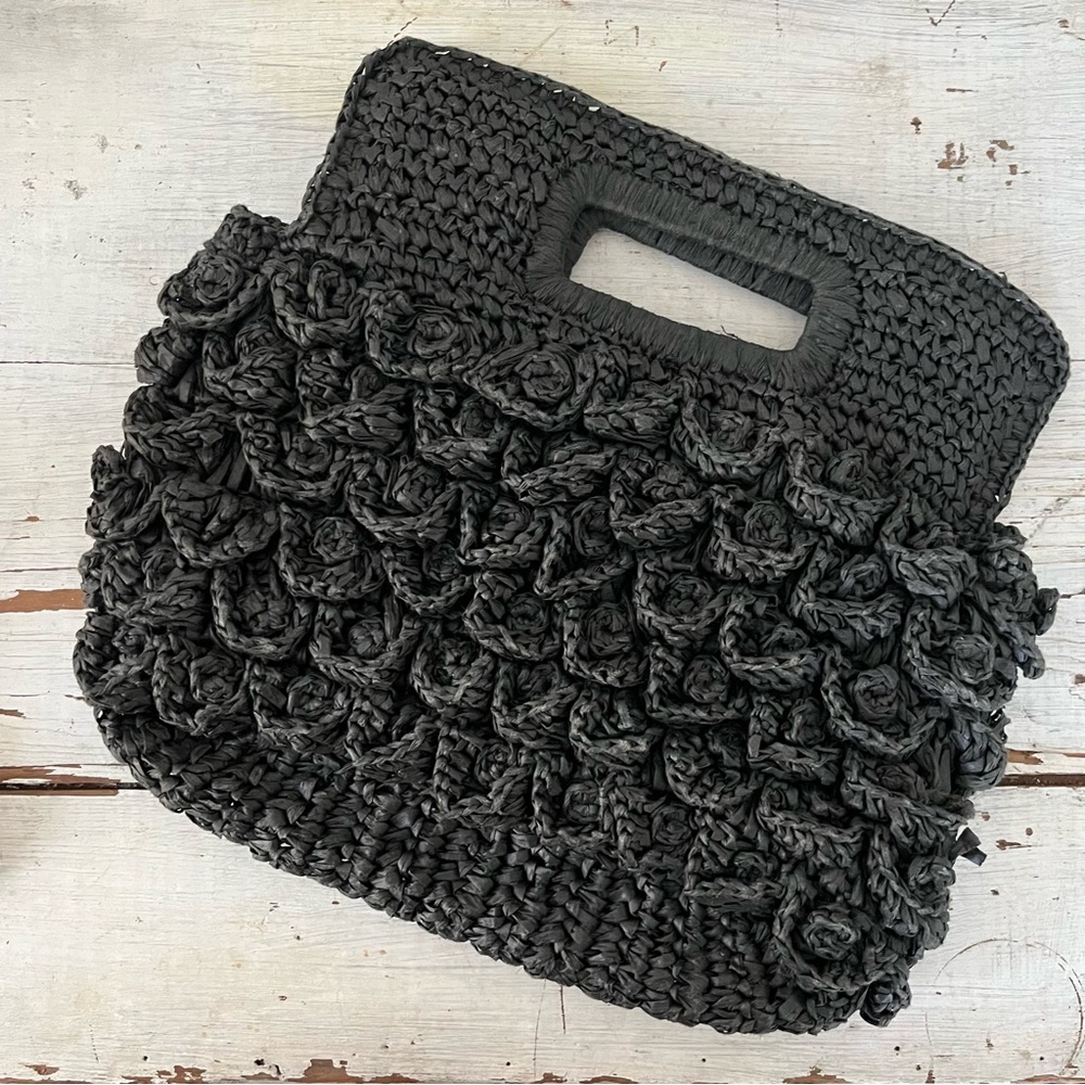 J. Crew Black Crocheted Floral Appliqué Straw Clutch